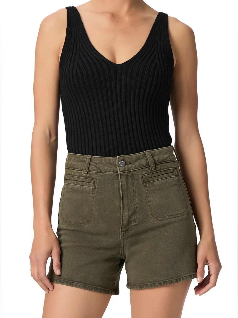 Paige Dani Welt Pocket High Waist Denim Shorts Olive Green Size 24 NWT